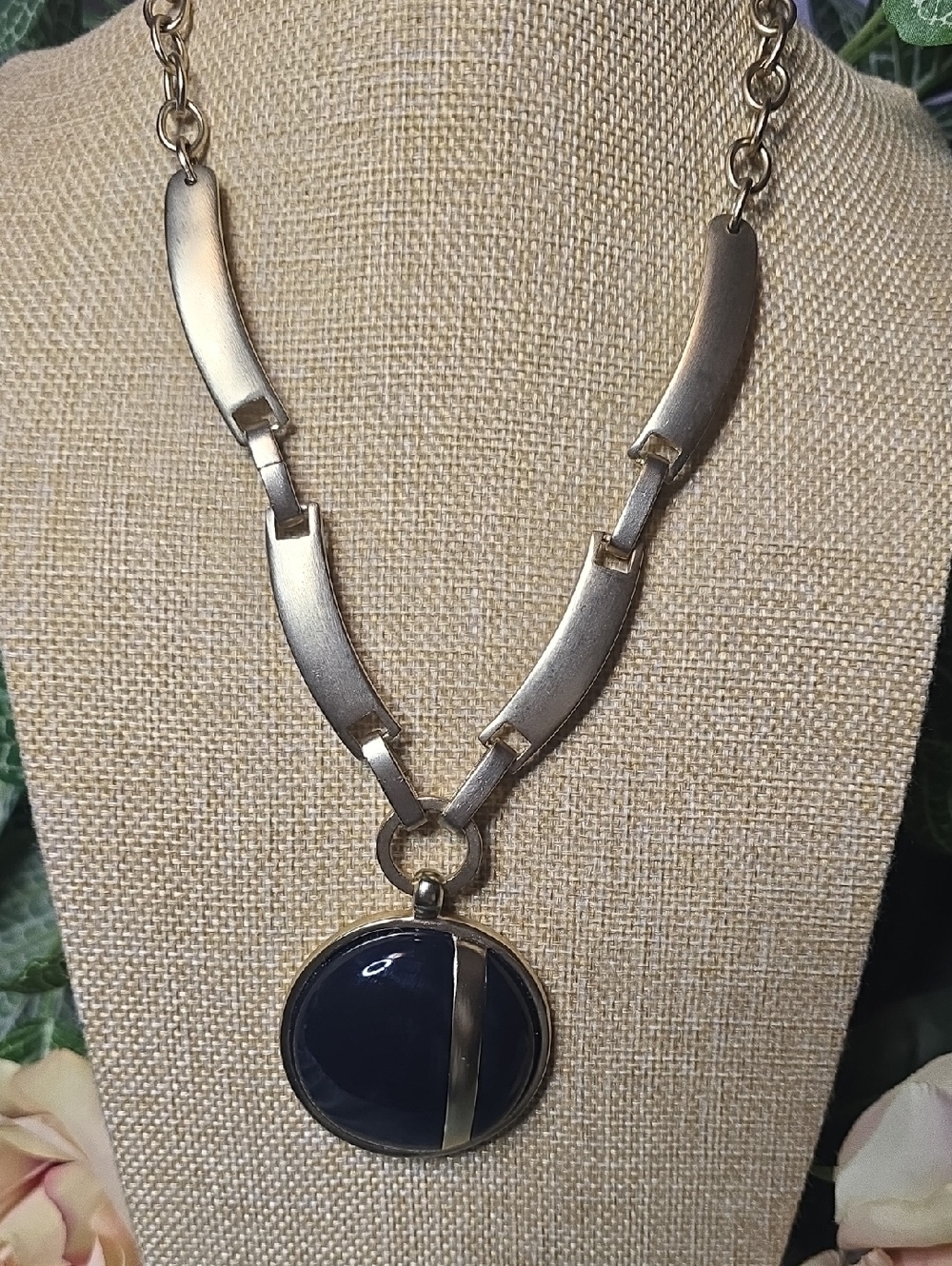 Chico's Brushed Gold-Tone Necklace with Navy Colored Pendant